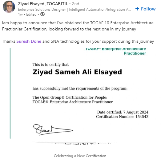 InfoSnatinc's tweet photo. Congrats Ziyad on this great achievement 💐

#snatechnolgies #TOGAF #OpenGroup https://t.co/8bRaXDu5X9