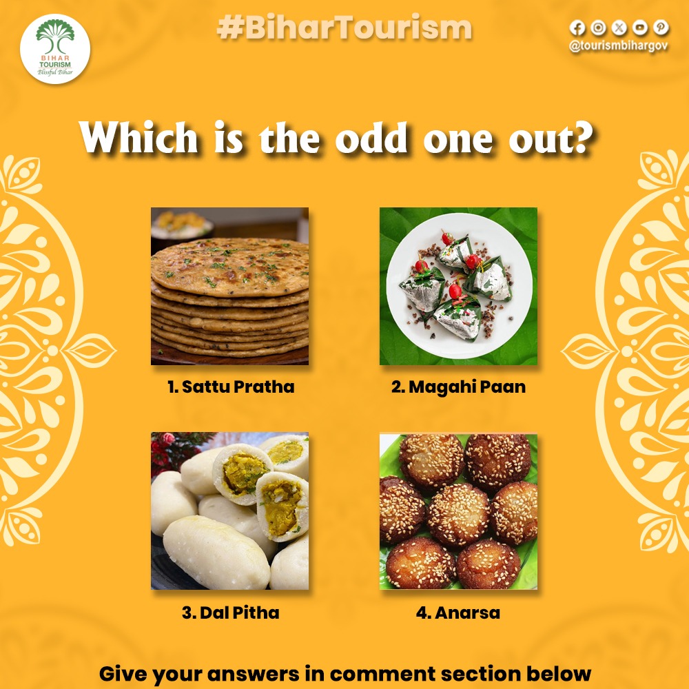 TourismBiharGov's tweet photo. Which one according to you is the odd one out? Comment below to let us know !
#pickone #oddoneout #oddone #commentbelow #tasteofbihar #swadbiharka #tasteofindia #tasteintravel #food #delicacy #choose #anarsa #dalpitha #magahipaan #sattuparatha #biharfood #foodgasm #foodofbihar #biharicuisine #bihariculture #bihartourism #cuisinesworld #dessert #bihar #multiplechoice #choose #chooseone #commentbelow👇👇👇👇 #commentyouranswer
@tourismgoi @incredibleindia @biharfoundation @mishranitish @AbhaySinghIAS