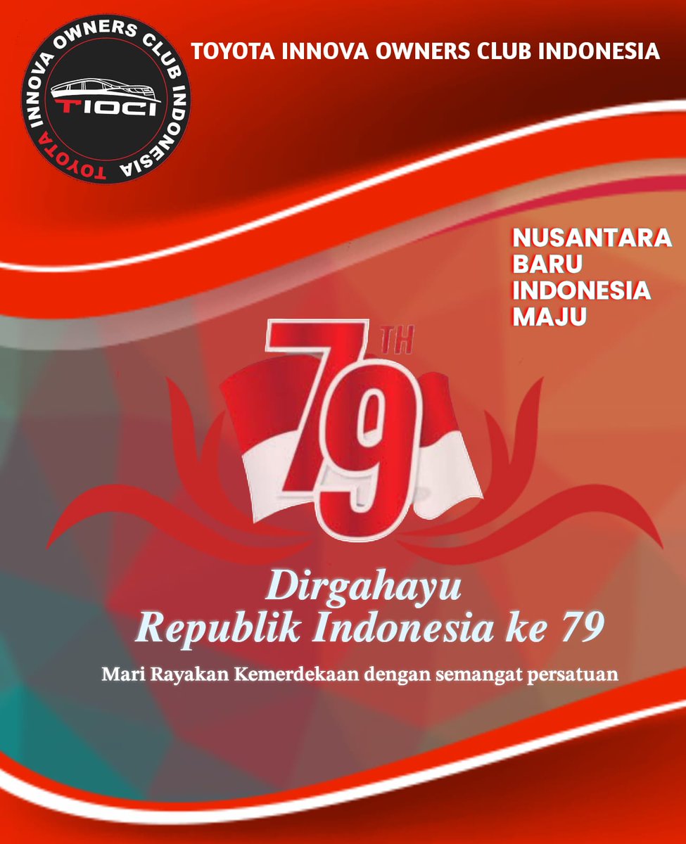 Dahulu, pahlawan berjuang untuk kedaulatan bangsa. Kini, kita berjuang bersama untuk keselamatan bangsa. 
Dirgahayu Republik Indonesia ke-79. Sekali merdeka tetap merdeka!

#tiociofficial
#tioci
#toyotainnovaindonesia
#toyatainnovaownersclubindonesia
#toyotaid
#harikemerdekaan