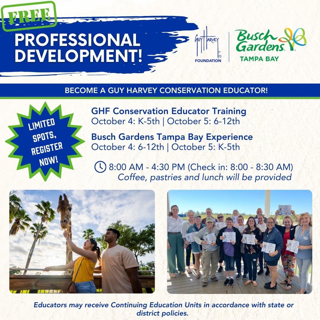 🦒🐘🦓🐪 EXCITED TO SHARE! Join the Guy Harvey Foundation Education team and Jessica Harvey for a Regional Conservation Training presenting Sharks &amp; Lionfish content at Busch Gardens in Tampa Bay! ❤🌊
REGISTER BELOW! You will automaticaly be accepted! 
ghfoundation.wufoo.com/forms/x14yokxx…