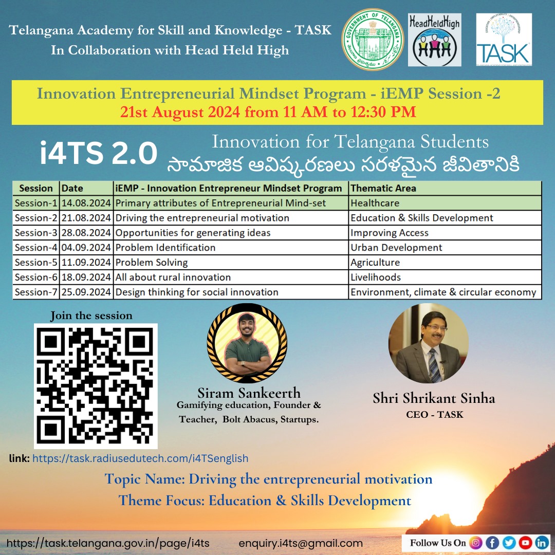 @taskts in Collaboration with <a href="/IamHeadHeldHigh/">Head Held High</a> to create entrepreneurial spirit among the Telangana youth. #TASKi4TS 2.0 #TelanganaYouth To Join the iEMP Session: task.radiusedutech.com/i4TSenglish
Date &amp; Time: 21st August 2024, 11 AM to 12:30 PM
<a href="/OffDSB/">Sridhar Babu Duddilla</a> <a href="/jayesh_ranjan/">Jayesh Ranjan</a> <a href="/spankaj4/">Pankaj Singh Thakur</a> <a href="/ShrikantNF/">Shrikant Sinha</a>