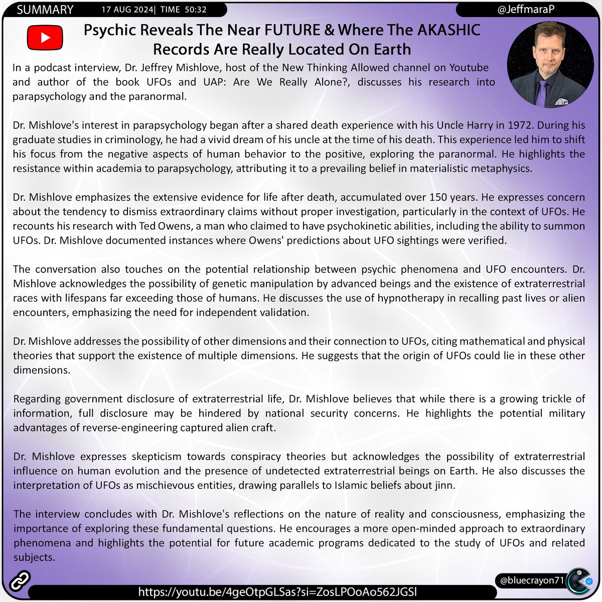 bluecrayon71's tweet photo. Psychic Reveals The Near FUTURE & Where The AKASHIC Records Are Really Located On Earth @JeffmaraP
🔗https://t.co/OtaIy7a1fV
#Parapsychology #NDE #SharedDeathExperience #UFO #UAP #Aliens #Consciousness #ETLife #Hypnotherapy #CropCircles #CattleMutilations #SimulationTheory https://t.co/N5GoPgYoJe