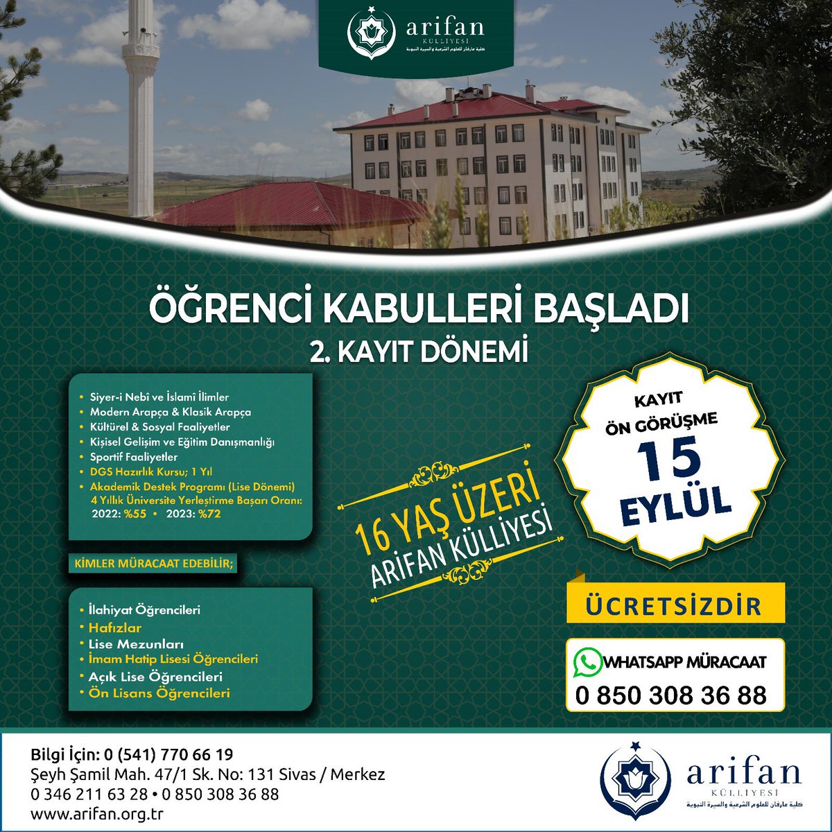 Arifanifav's tweet photo. Arifan Külliyesi 
2024-2025 öğrenci kabulleri 
başlamıştır.

Bünyemizde yeni hizmete başlayan hizmet binalarımız bir çok kolaylığı beraberinde getirdi. 

📌 Arifan Külliyesi merkez binamıza  
16 yaş ve üzeri ve Yüksek Öğrenim çağındaki gençlerimizi Siyer-i Nebi ve İslami İlimler Eğitimine kabul edeceğiz. 

Merkez Binaya;

📌 İlahiyat Öğrencilerini 
📌 Hafızları 
📌 Lise Mezunlarını 
📌 Ön Lisans Öğrencilerini 
📌 Açık Lise Öğrencilerini (16 yaş üzeri) 
kabul edeceğiz.