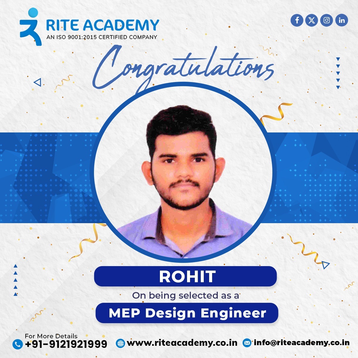 rite_academy's tweet photo. Congratulations to Rohit on being selected as a MEP Design Engineer! 🔧
We are so proud of you and all that you have accomplished. Keep up the great work! 🎉
Join Rite Academy for the best #MEP training in #Hyderabad and make it happen!🛠
#mepcourse #riteacademy #meptraining https://t.co/Ooap3mNVjN