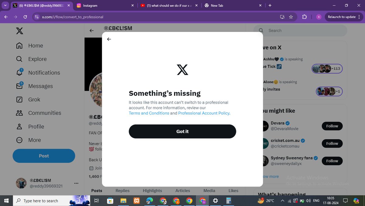 reddy39669321's tweet photo. When I'm trying to switch my account to professional account its showing like this
Can anyone know the solution
Please if you know the solution inform me
If you don't know it please retweet and help me through which there are chances.
#Prabhas #Kalki2898AD #ProfessionalAccount https://t.co/OvSYLfMsot