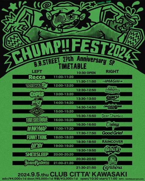 CLUBCITTA_1988's tweet photo. 🎡B.B.STREET 27周年祭🎉
1日目、9/5(木)"CHUMP!! FEST 2024"のタイムテーブルが解禁となりました🔥
L/Rステージで全バンド見れます!
チケットはLivepocketにて販売中!
https://t.co/ibCNIHdMFA
ぜひご来場ください!
#BBSTREET #CHUMPFEST #クラブチッタ #clubcitta https://t.co/Nfju0rNiE1