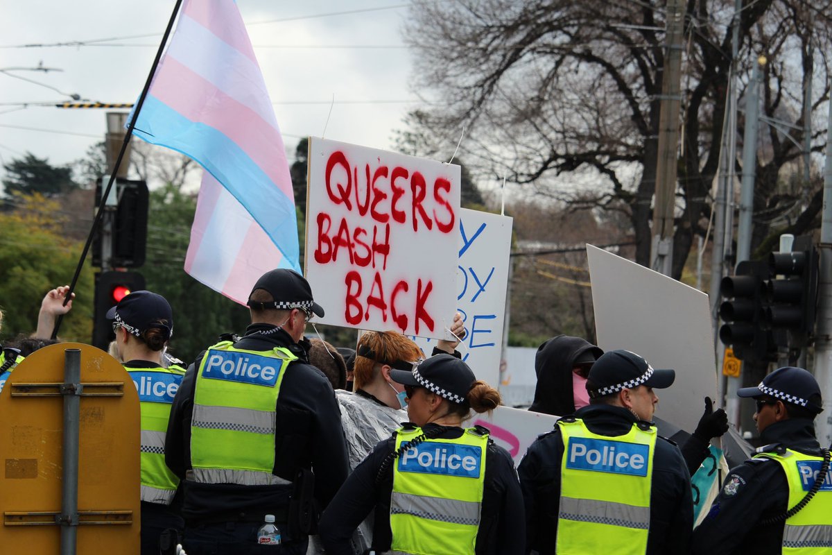 LensCompassion's tweet photo. Counter protest today in Naarm Melbourne against Fascist TERFS. it was a success. Drowned out those hate speeches. All the pics here: https://t.co/gw6dODK7N5 https://t.co/b8rn3AHjiv