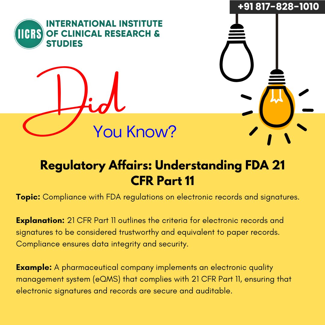 iicrsofficial's tweet photo. 🌟 Mastering Compliance with FDA 21 CFR Part 11 in Regulatory Affairs 🌟

#Clinicalresearch #Informedconsent #Ethicalresearch #Participantsafety #Pharmacovigilancejobs #Pharmacovigilancetraining #Clinicaldatamanagement #Clinicalsas #Sas #Clinicalresearchinstitute https://t.co/a34m8I2eJ6