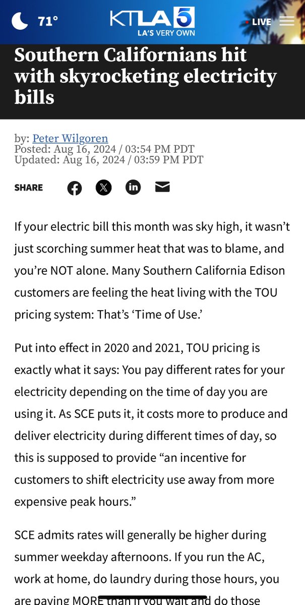 houmanhemmati's tweet image. Media is starting to notice California’s next crisis: electric costs. 

This great article notes one major culprit: time of use (TOU) billing, where already high rates are 2-3x more 4-9p (peak). 

I use a “hack” for this so I’m ALWAYS on off-peak: @teslaenergy Powerwall…