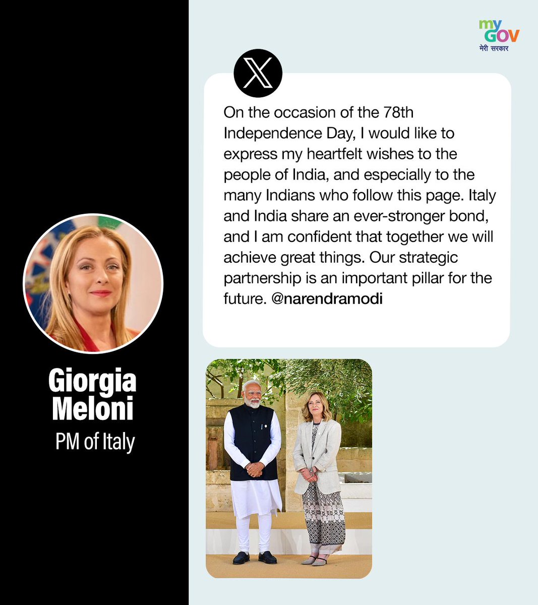 mygovindia's tweet photo. On the occasion of the 78th Independence Day, I would like to express my heartfelt wishes to the people of India: @GiorgiaMeloni, PM of Italy
#IndependenceDayGreetings #GlobalCheers https://t.co/wAAKV5yJYf