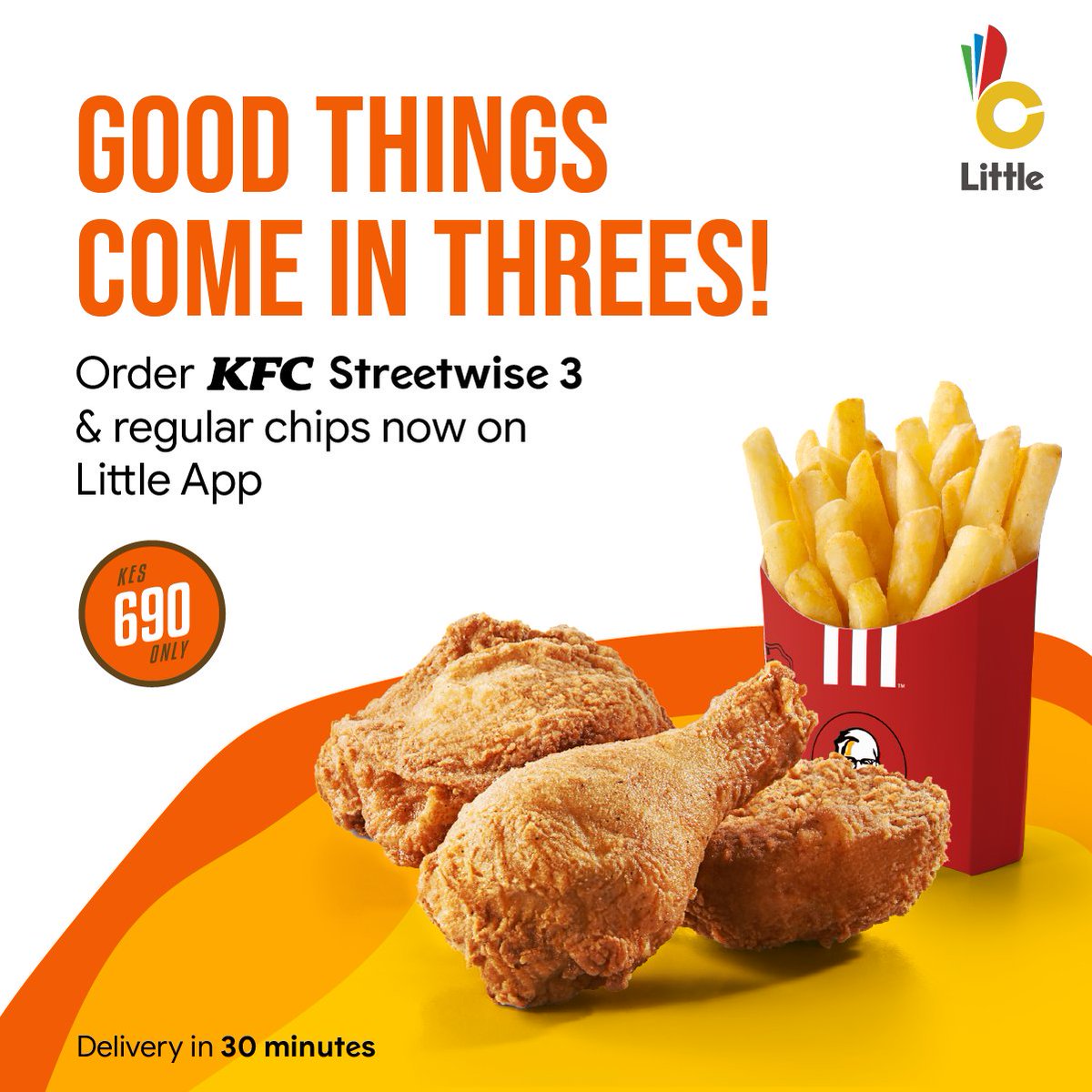 LittleAppKenya's tweet photo. Kids at home? Don't wanna cook today?
Order in today! Get them the Streetwise 3 and regular chips for only 690KES per person.
On Little App select our Food icon and pick the KFC nearest to you.
We deliver in 30 minutes.
#LittleDelivers #LittleApp #LittleNdioBest
#deliveries https://t.co/nXVujyXkYJ