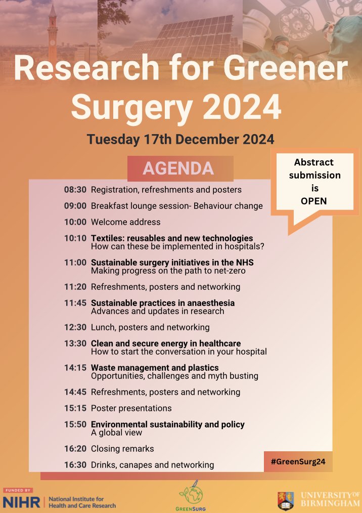 4⃣ MONTHS to go until the Research for Greener Surgery Conference 2024!

🌱A variety of speakers -&gt; updates coming 🔜!
🌱Research opportunities in sustainability
🌱Present your own work! Submit your abstract here forms.gle/7m1xHqxy8zhz5o…

Get your ticket 🎫 eventbrite.co.uk/e/research-for…