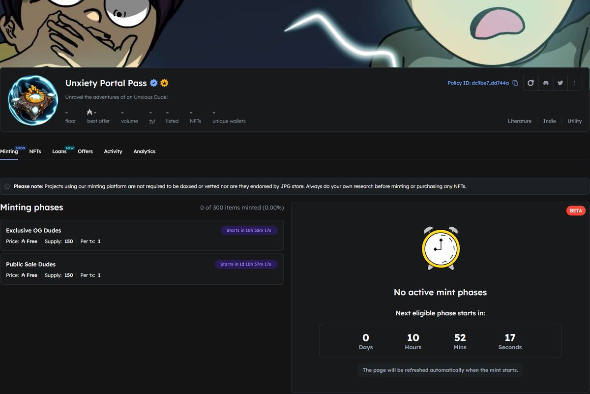 ‼️ Less than 12 hours to mint, OG dudes! ‼️

📦SUPPLY: 150 NFTs
💸 Price: IT'S FREE TO MINT
⌚Wen: Aug 17, 5PM UTC
📍Where: JPG Store! (👉jpg.store/collection/unx…)

OG don't forget to drop your wallet! 

🔥Public sale on August 18, 2024 5:05 PM

#Cardano #memecoin #CNFT $ADA