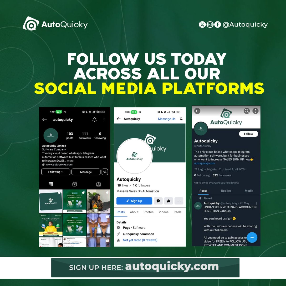 autoquicky's tweet image. Hello Quickers,

Kindly follow us across all our social media handles,so you do not miss out on any of our updates.

#telegramautomation#whatsappautomation#contactsaver#sendbroadcast#automationsoftware#automationapp#telegramautomationsoftware#whatsappautomationsoftware#whatsapp#