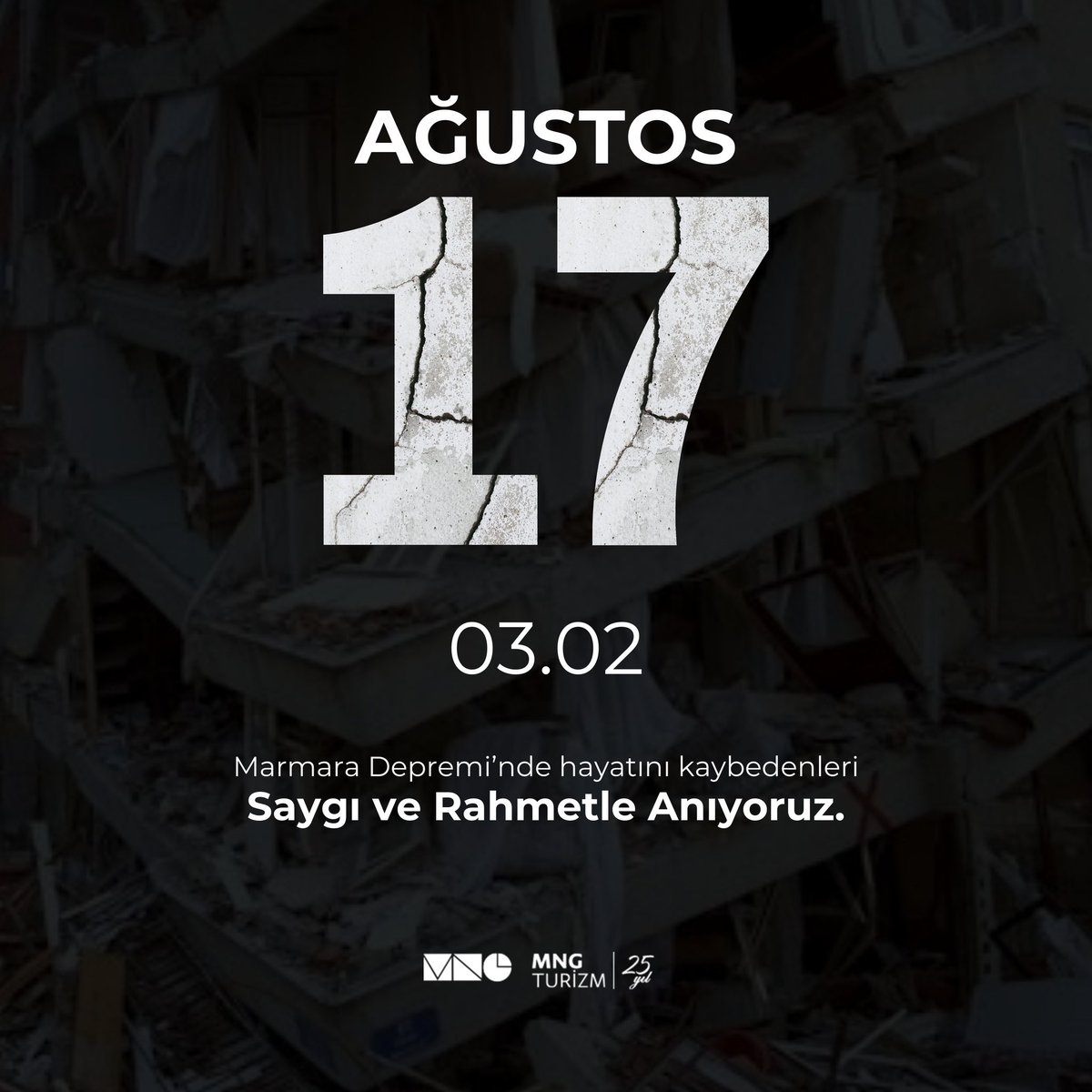 📅 17 Ağustos 1999: 25. yıl dönümünde, Marmara Depremi'nde hayatını kaybedenleri rahmetle anıyoruz. 🕊️ Depremde yaşamını yitirenlerin anısına saygıyla... #MarmaraDepremi #17Ağustos1999