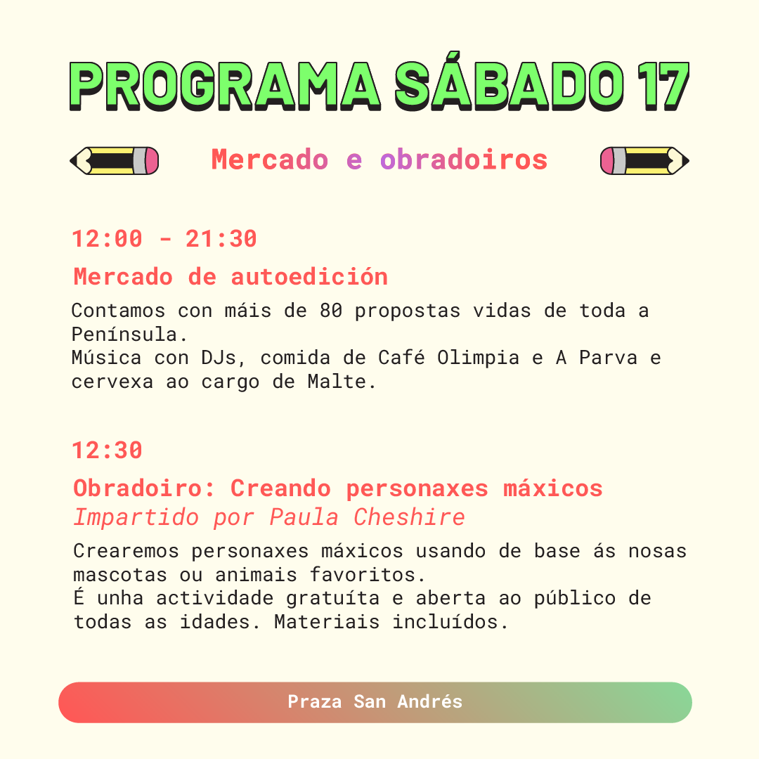 AutobanBD's tweet photo. ◉ PROGRAMA AUTOBÁN 2024 ◉
SÁBADO 17 ◉ A partir das 12:00 ◉ Praza de San Andrés

12:00 h. - 21:30 h. | MERCADO DE AUTOEDICIÓN
Contamos con máis de 80 propostas vidas de toda a península.
Cervexa do Malte, e comida de Café Olimpia e A Parva @AParva_ https://t.co/5ETncx4yId