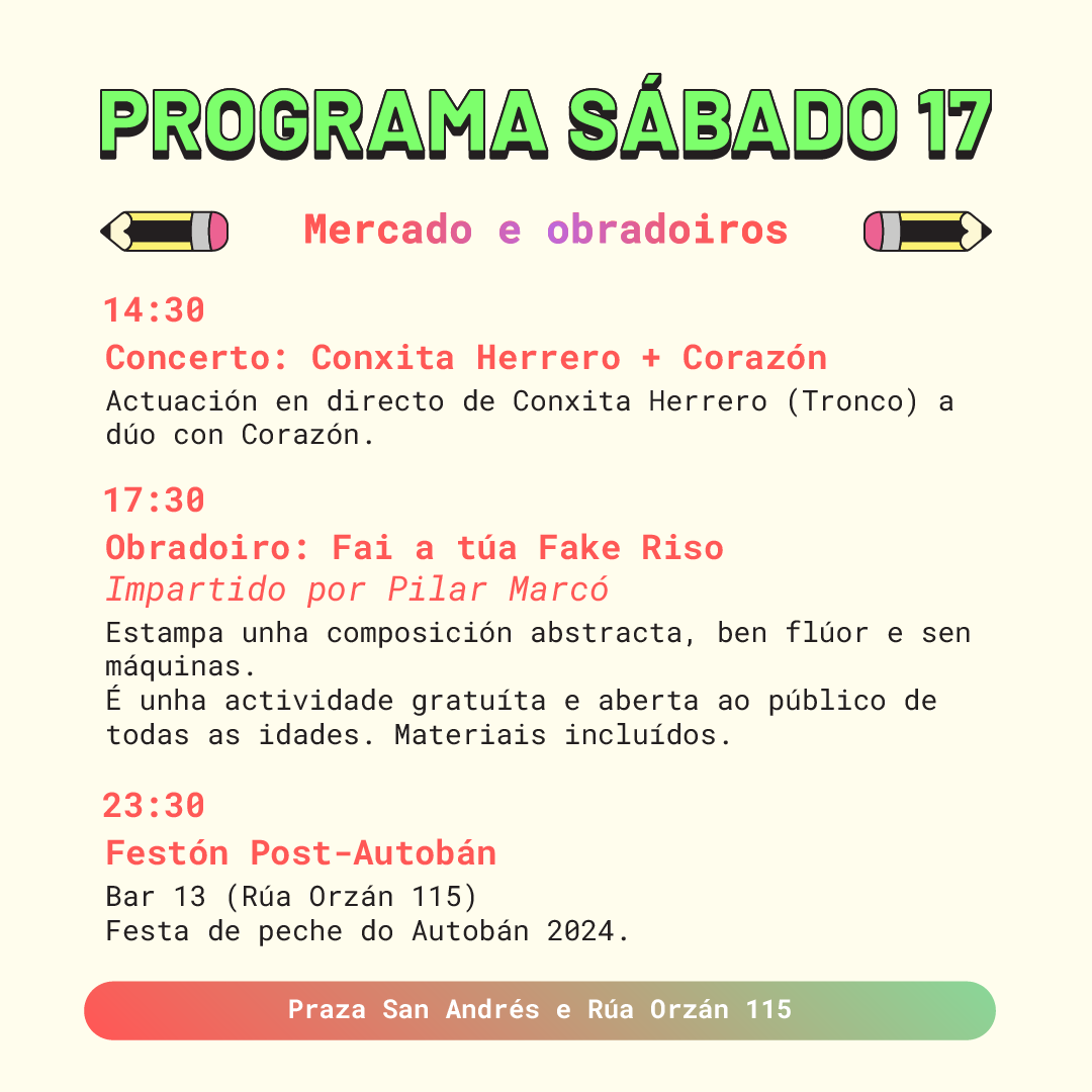 AutobanBD's tweet photo. ◉ PROGRAMA AUTOBÁN 2024 ◉
SÁBADO 17 ◉ A partir das 12:00 ◉ Praza de San Andrés

12:00 h. - 21:30 h. | MERCADO DE AUTOEDICIÓN
Contamos con máis de 80 propostas vidas de toda a península.
Cervexa do Malte, e comida de Café Olimpia e A Parva @AParva_ https://t.co/5ETncx4yId