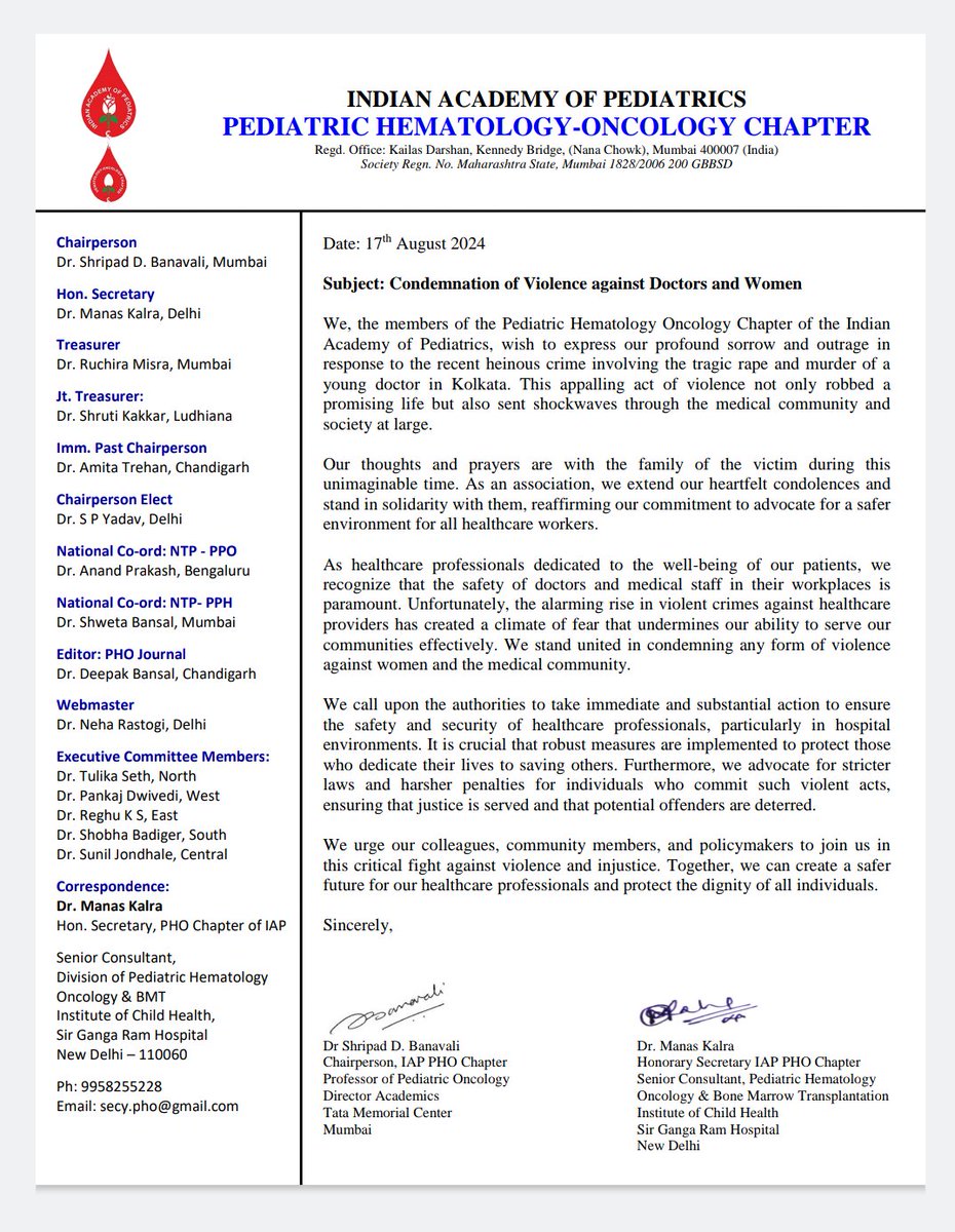 #JusticeForDoctor 
We express our deep sorrow for the tragic event of a young doctor in Kolkata. We condemn the violence against women and doctors 
Culprits should be punished 
<a href="/DrShrutiKakkar/">Shruti Kakkar</a> <a href="/drshweta_pedonc/">Shweta Bansal</a> <a href="/DrManasKalra1/">Dr Manas Kalra</a> <a href="/Satyayadav__/">Satya Prakash Yadav</a> <a href="/deepakbansaldr1/">Deepak Bansal</a> <a href="/DwivediDrpankoo/">Pankaj Dwivedi</a>