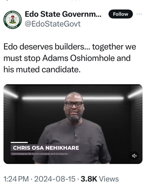 Ehix07's tweet photo. Edo state gov't is using official handle to run propaganda and campaign against opponent, and all the good governance advocates on twitter are pretending not to be aware. But, let Sanwo-Olu tries it and  the rain that hasn't falling for 3-weeks will start raining...... https://t.co/rkpBpdPo9j