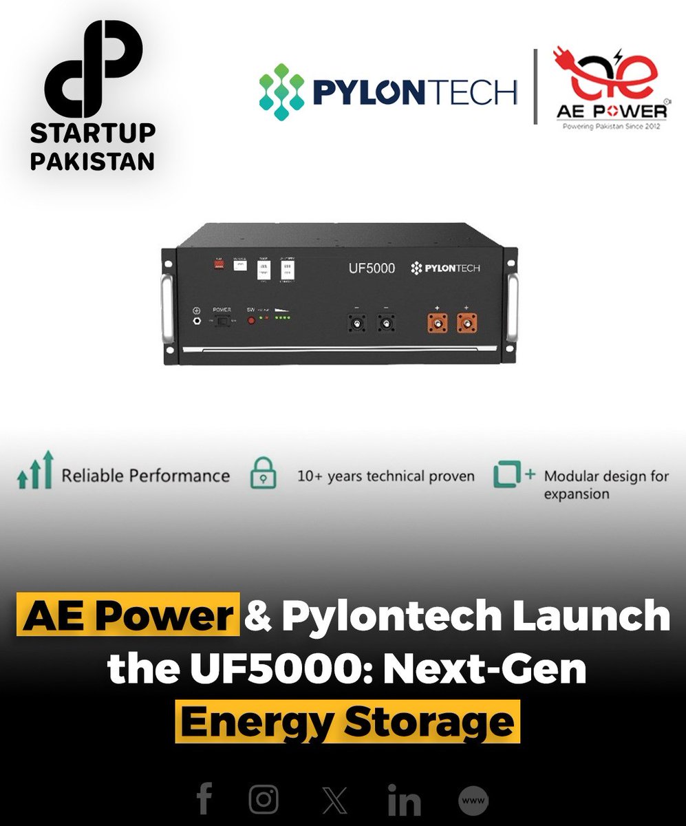 PakStartup's tweet photo. AE Power is excited to announce the launch of the UF5000, a revolutionary energy storage solution developed in partnership with Pylontech.
Read More: https://t.co/lJm2cR15YU
#EnergyStorage #Innovation #Sustainability #AE Power #Pylontech #UF5000 #GreenEnergy https://t.co/ZON0a91Aqy