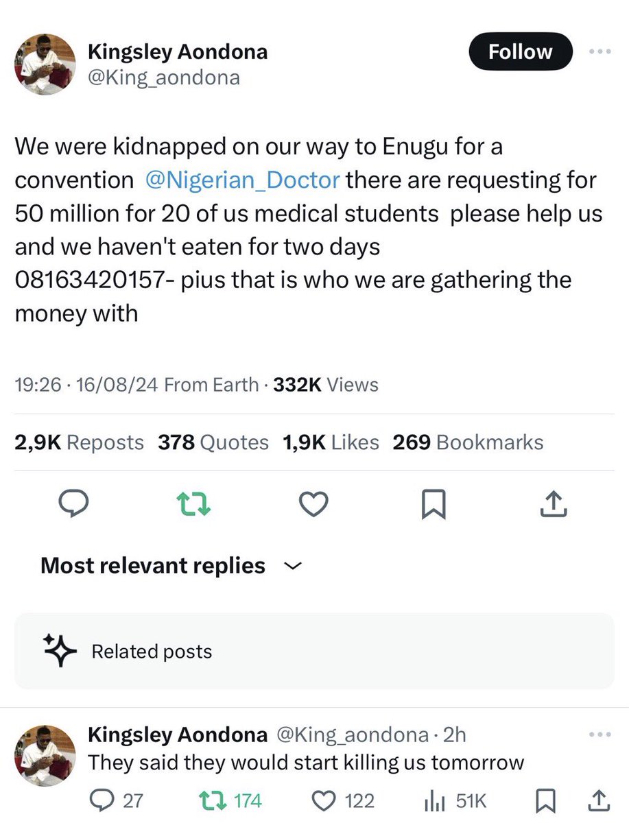 firstladyship's tweet photo. Medical students were kidnapped in Benue state (around Oturpo) en route to Enugu.

Kingsley Aondona (UniJOS) is the No. 3 on the list. Ogbonna George is the No. 10. Pius Samson is the No. 18. His number can be traced or tracked for their immediate rescue.

The fact that kidnappers can ask their captives to tweet for ransom, without any sense of fear, is more depressing. But are you surprised?

They are bold enough to do that because there are no consequences; the authorities won’t declare any type of “Show of Force.”

Nigeria is a place of many contradictions. Those are twenty brain drains waiting to happen. No student who has trained to become a medical doctor, will stay back to serve Nigeria (after this horrendous event).

Nigeria must rescue these diamonds, & unite them with their distraught families. Road trips should be shelved for now; your lives matter.

@PoliceNG @PoliceNG_CRU @Princemoye1 @BenHundeyin