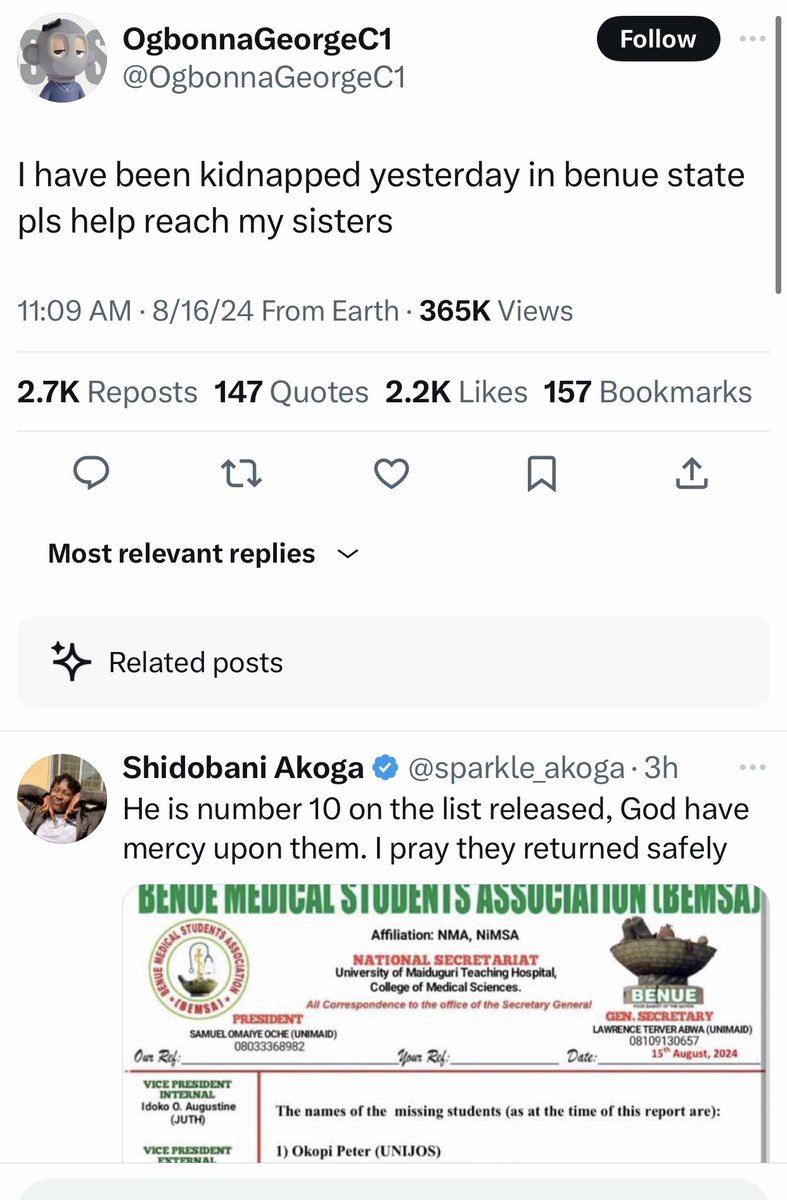 firstladyship's tweet photo. Medical students were kidnapped in Benue state (around Oturpo) en route to Enugu.

Kingsley Aondona (UniJOS) is the No. 3 on the list. Ogbonna George is the No. 10. Pius Samson is the No. 18. His number can be traced or tracked for their immediate rescue.

The fact that kidnappers can ask their captives to tweet for ransom, without any sense of fear, is more depressing. But are you surprised?

They are bold enough to do that because there are no consequences; the authorities won’t declare any type of “Show of Force.”

Nigeria is a place of many contradictions. Those are twenty brain drains waiting to happen. No student who has trained to become a medical doctor, will stay back to serve Nigeria (after this horrendous event).

Nigeria must rescue these diamonds, & unite them with their distraught families. Road trips should be shelved for now; your lives matter.

@PoliceNG @PoliceNG_CRU @Princemoye1 @BenHundeyin