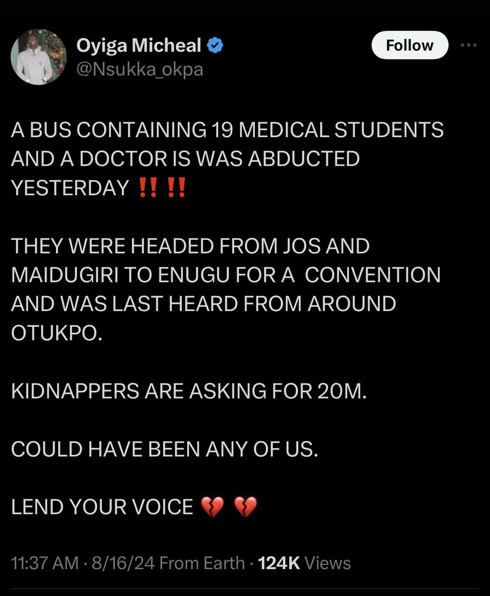 firstladyship's tweet photo. Medical students were kidnapped in Benue state (around Oturpo) en route to Enugu.

Kingsley Aondona (UniJOS) is the No. 3 on the list. Ogbonna George is the No. 10. Pius Samson is the No. 18. His number can be traced or tracked for their immediate rescue.

The fact that kidnappers can ask their captives to tweet for ransom, without any sense of fear, is more depressing. But are you surprised?

They are bold enough to do that because there are no consequences; the authorities won’t declare any type of “Show of Force.”

Nigeria is a place of many contradictions. Those are twenty brain drains waiting to happen. No student who has trained to become a medical doctor, will stay back to serve Nigeria (after this horrendous event).

Nigeria must rescue these diamonds, & unite them with their distraught families. Road trips should be shelved for now; your lives matter.

@PoliceNG @PoliceNG_CRU @Princemoye1 @BenHundeyin