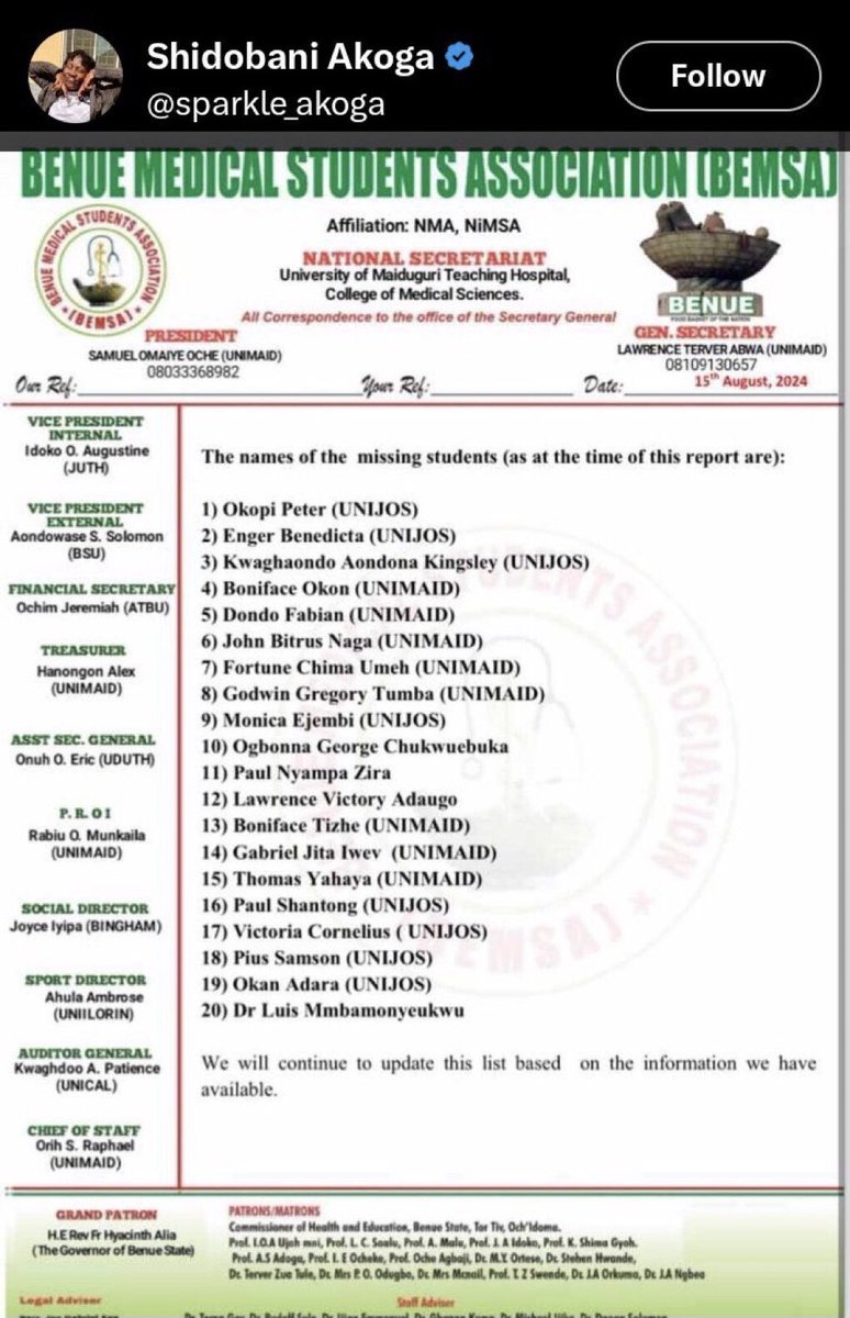 firstladyship's tweet photo. Medical students were kidnapped in Benue state (around Oturpo) en route to Enugu.

Kingsley Aondona (UniJOS) is the No. 3 on the list. Ogbonna George is the No. 10. Pius Samson is the No. 18. His number can be traced or tracked for their immediate rescue.

The fact that kidnappers can ask their captives to tweet for ransom, without any sense of fear, is more depressing. But are you surprised?

They are bold enough to do that because there are no consequences; the authorities won’t declare any type of “Show of Force.”

Nigeria is a place of many contradictions. Those are twenty brain drains waiting to happen. No student who has trained to become a medical doctor, will stay back to serve Nigeria (after this horrendous event).

Nigeria must rescue these diamonds, & unite them with their distraught families. Road trips should be shelved for now; your lives matter.

@PoliceNG @PoliceNG_CRU @Princemoye1 @BenHundeyin