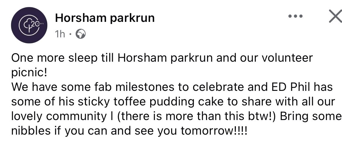 Horsham parkrun (@horshamparkrun) on Twitter photo Morning parkrunners.
Today is our volunteer picnic day. And the weather is perfect. There are some excellent milestones to celebrate and it would be greets to celebrate them with you. Are you joining us? Morning parkrunners.
Today is our volunteer picnic day. And the weather is perfect. There are some excellent milestones to celebrate and it would be greets to celebrate them with you. Are you joining us?