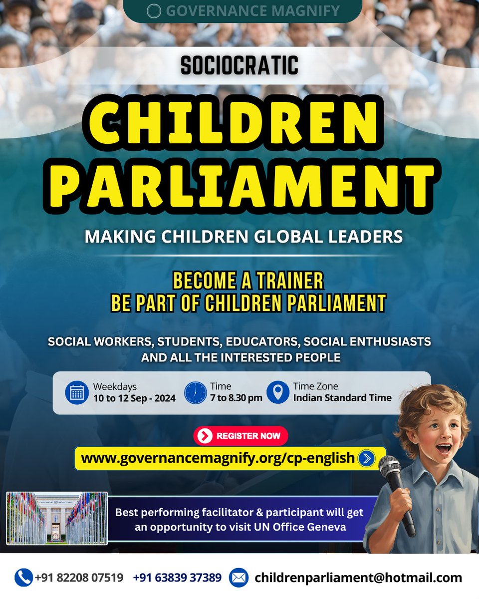 Join us for the Children Parliament Workshop, a transformative three-day experience from September 10-12, 2024. Register now and contribute to a brighter future for children worldwide!

Register now at governancemagnify.org/cp-english/