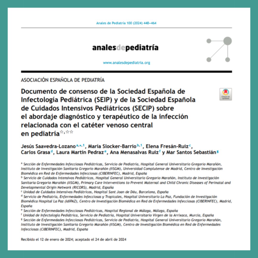 seipweb's tweet photo. #DocumentoSEIP de consenso de @seipweb y @lasecip sobre el abordaje diagnóstico y terapéutico de la infección relacionada con el catéter venoso central en pediatría.
https://t.co/zZrADdKieD https://t.co/F7Ztb84lVO