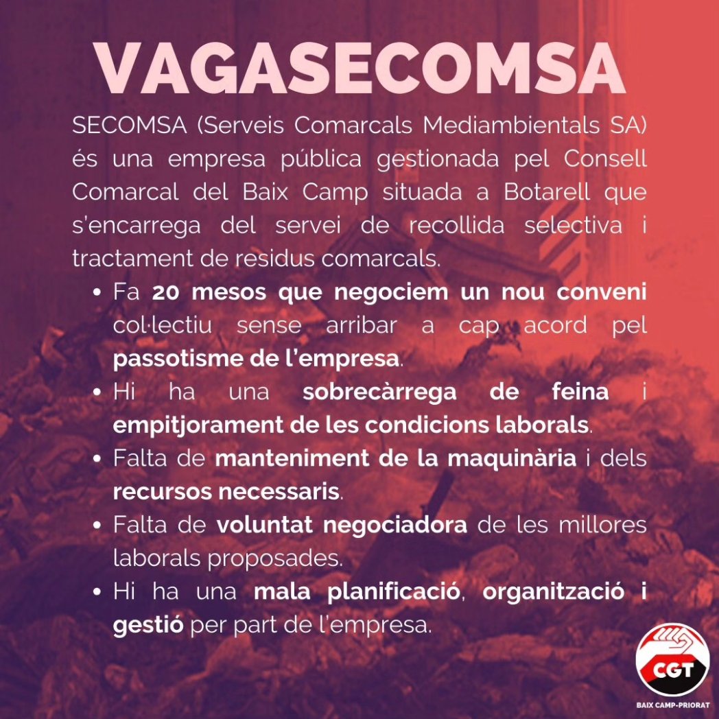 CGTReus's tweet photo. ✊🏽 #VagaSECOMSA | Vols saber per què la plantilla de Serveis Comarcals Mediambientals SA ha decidit en assemblea anar a la vaga?
📣 Nou conveni, recuperació del poder adquisitiu, equiparació salarial, augment de plantilla i defensa del servei públic!
❤️🔥 Atentes a convocatòries! https://t.co/XMrCDThcwF