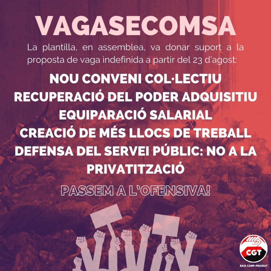 CGTReus's tweet photo. ✊🏽 #VagaSECOMSA | Vols saber per què la plantilla de Serveis Comarcals Mediambientals SA ha decidit en assemblea anar a la vaga?
📣 Nou conveni, recuperació del poder adquisitiu, equiparació salarial, augment de plantilla i defensa del servei públic!
❤️🔥 Atentes a convocatòries! https://t.co/XMrCDThcwF