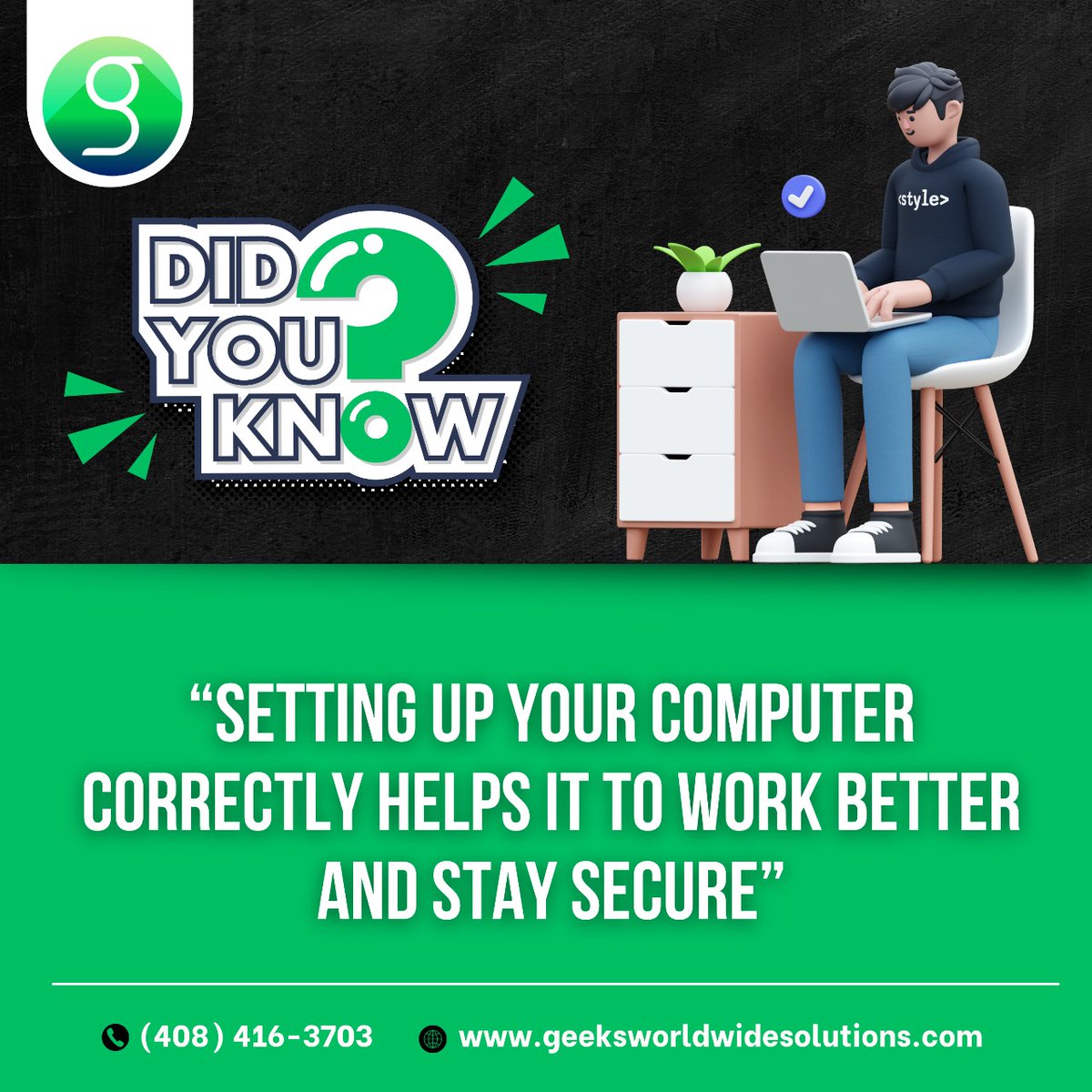 geek__solutions's tweet photo. Did you know?
Setting up Your Computer Correctly Helps It To Work Better and Stay Secure.
Contact Us Today For Services
4084163703
#ComputerHelp #ComputerSetup #InstallationExperts #OptimizePerformance #SpeedUpPC #ComputerMaintenance #PCUpgrade #PerformanceBoost https://t.co/YcNVckqiCi