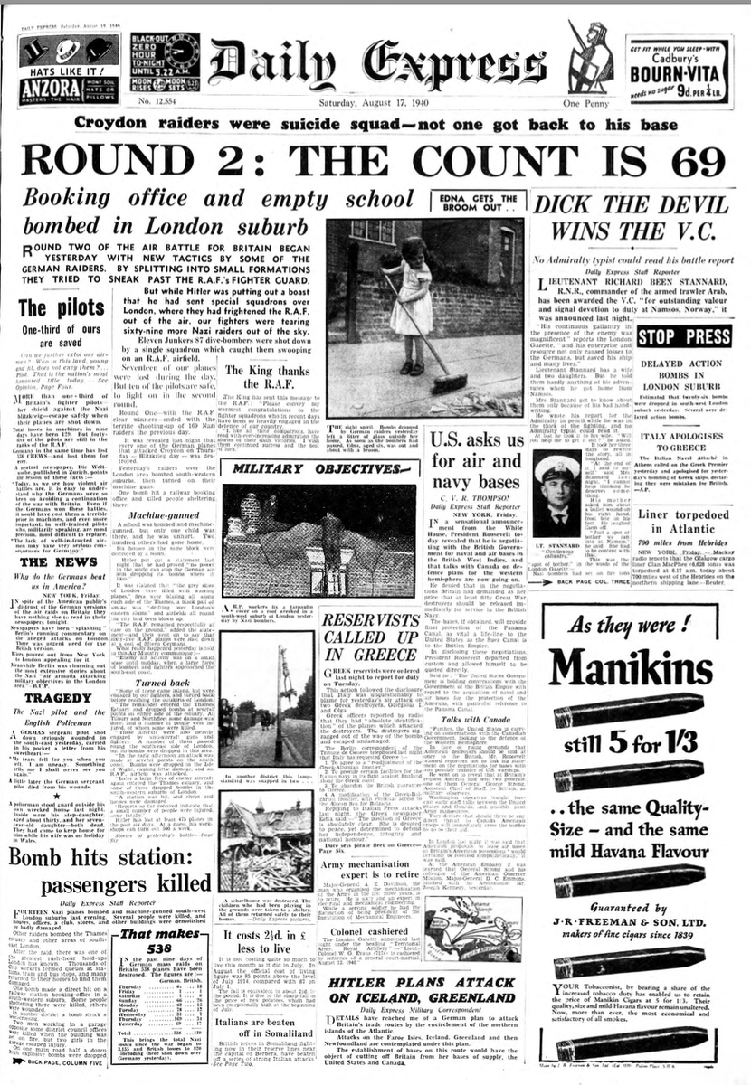Here is the front page of today's Daily Express with all of yesterday's details. I don't quite understand why the Germans targeted Croydon. #1940