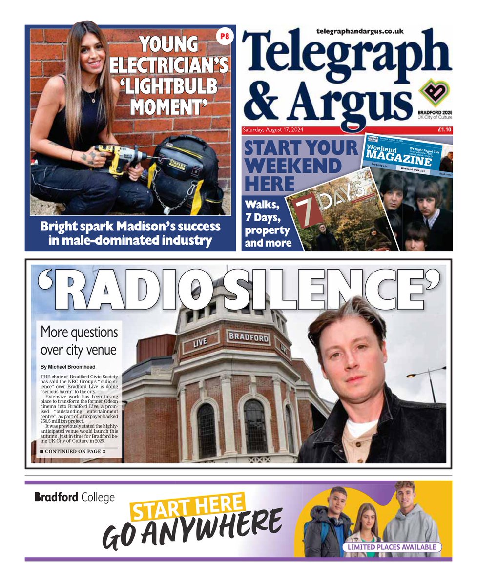 micklesb's tweet image. Today's @Bradford_TandA front page highlights concerns about the NEC Group's 'radio silence' on Bradford Live - and the 'serious harm' it is doing to a place preparing to be UK City of Culture in just a few months' time

thetelegraphandargus.co.uk/news/24522960.…