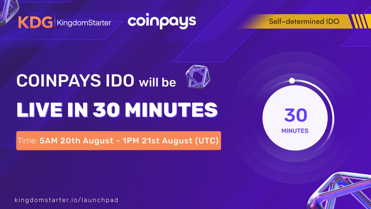 KingdomStarter (@kingdomstarter) on Twitter photo ⌛Announcement: IDO of <a href="/CoinPaysApp/">CoinPays.io</a> will come in the next 30 minutes 🚀
🛎Commit time: 5AM Aug 20th - 1PM Aug 21st (UTC)
➡️Commit at: kingdomstarter.io/launchpad/open…
✅No staking, no whitelist, everyone can join
📆Listing: 22nd August
🔐Vesting: 15% at TGE, 6 months linear vesting ⌛Announcement: IDO of <a href="/CoinPaysApp/">CoinPays.io</a> will come in the next 30 minutes 🚀
🛎Commit time: 5AM Aug 20th - 1PM Aug 21st (UTC)
➡️Commit at: kingdomstarter.io/launchpad/open…
✅No staking, no whitelist, everyone can join
📆Listing: 22nd August
🔐Vesting: 15% at TGE, 6 months linear vesting
