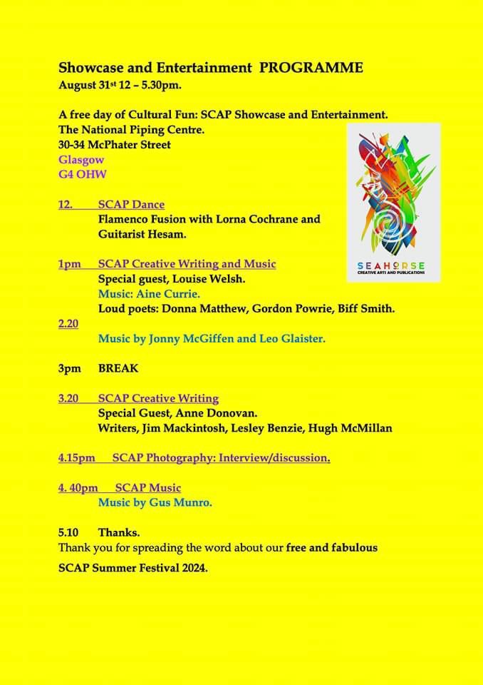 Really excited about being part of this <a href="/SCAPScotland/">SCAP Scotland</a> gig with special guest <a href="/louisewelsh00/">Louise Welsh</a> <a href="/ThePipingCentre/">The National Piping Centre</a> Glasgow pop along on 31st August  🤍 12-5.30 all day ⭐️👇👇👇👇👇