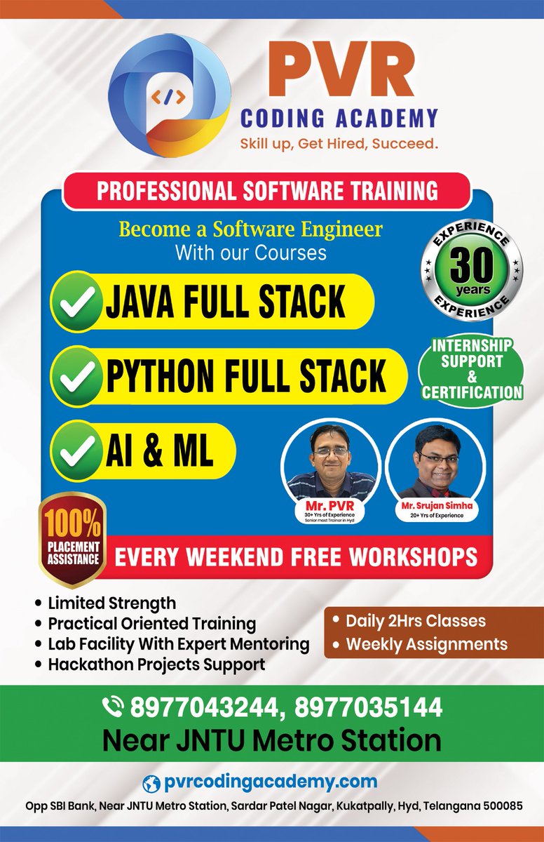 PVR_Coding's tweet image. PROFESSIONAL SOFTWARE TRAINING! Transform your career and become a Software Engineer with our industry-leading courses!
📞 8977043244, 8977035144
🌐 pvrcodingacademy.com
#PVRCoading #PVRCodingAcademy #TechTraining #ITCareers #FreeWorkshops #WeekendWorkshops #JAVAFULLSTACK