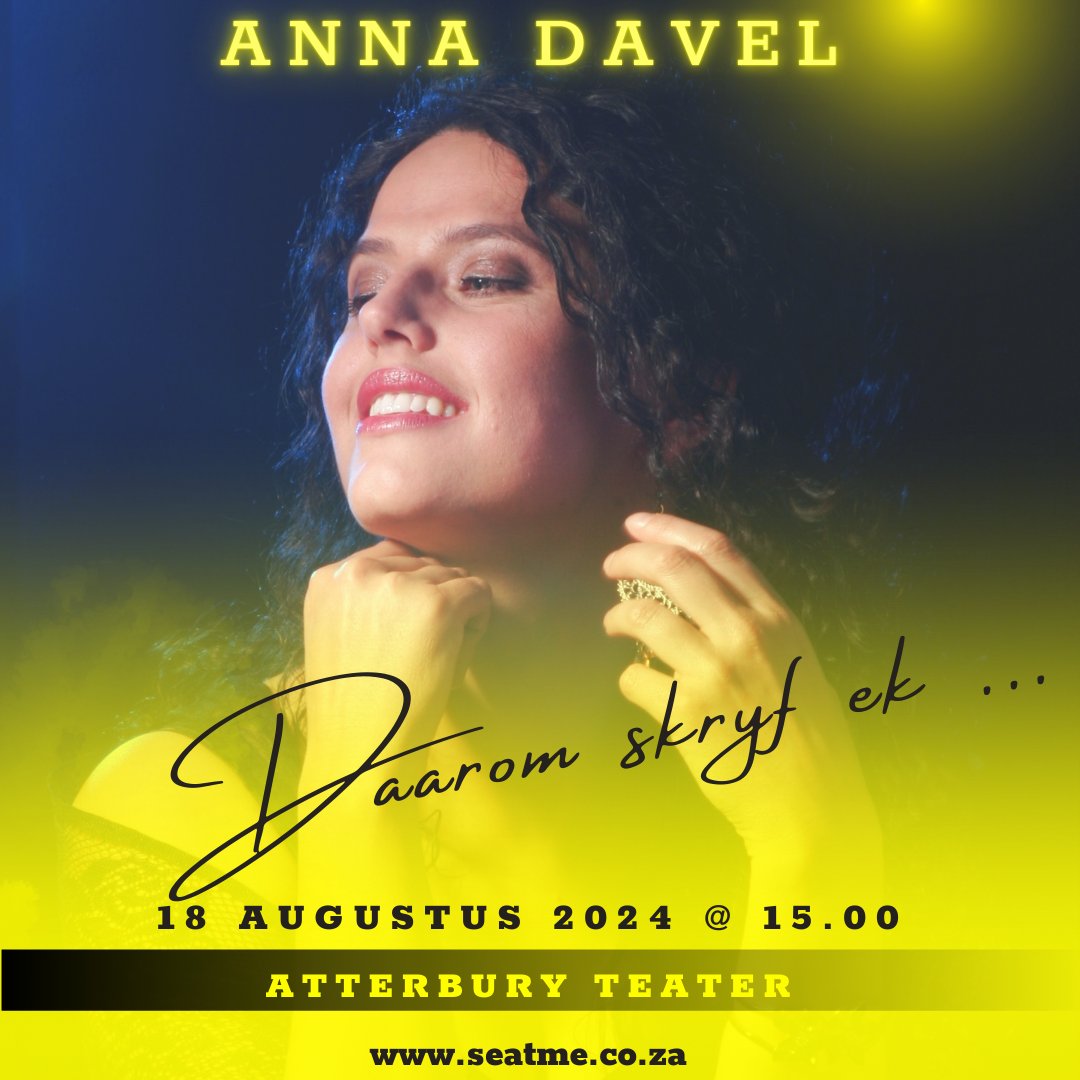 "Daarom skryf ek"

Anna vertel stories van hoe liedjies by haar uitgekom het, asook snaakse en interessante stories van waar bekende liedjies vandaan kom, van o.a. die Beatles, Phil Collins, Leonard Cohen en Bob Dylan.

Met Marcel Denam (klavier) en Deryn Dednam (saxofoon)