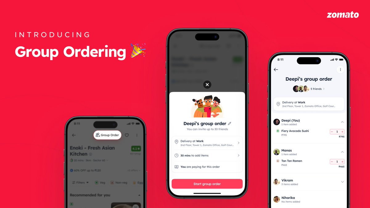 Exciting new weekend update: Group Ordering is now on Zomato!


You can now share a link with your friends, and everyone can add to the cart seamlessly, making ordering together faster and easier. 

No more passing the phone around awkwardly to collect everyone's order 😉

We’re