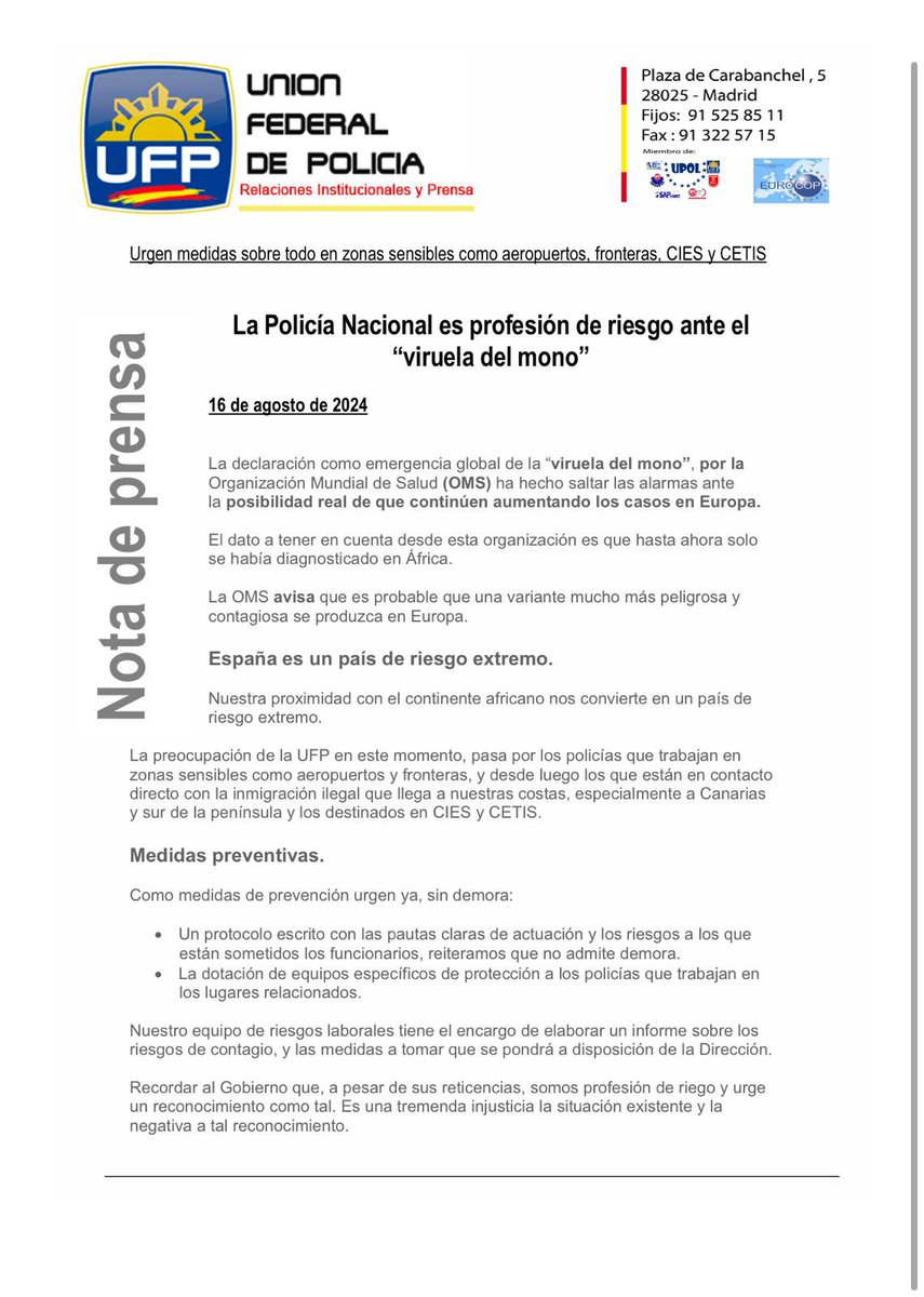 ufpol's tweet photo. ✅”Viruela del mono”

Ya hemos avisado y solicitado medios:
 
👉 Muchos policías destinados en frontera, CIES, CETI… corren un grave peligro de contagio.
👉URGEN: protocolos y medios.
 
👍Va siendo hora de considerarnos PROFESIÓN DE RIESGO. https://t.co/jw0lG9EOgd