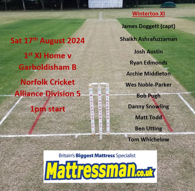Winterton_CC's tweet photo. Today's games:
1st XI Home to @GarboldishamCC B
2nd XI Away v @HappisburghCC 
Good luck to both teams. https://t.co/ypqKQvq664