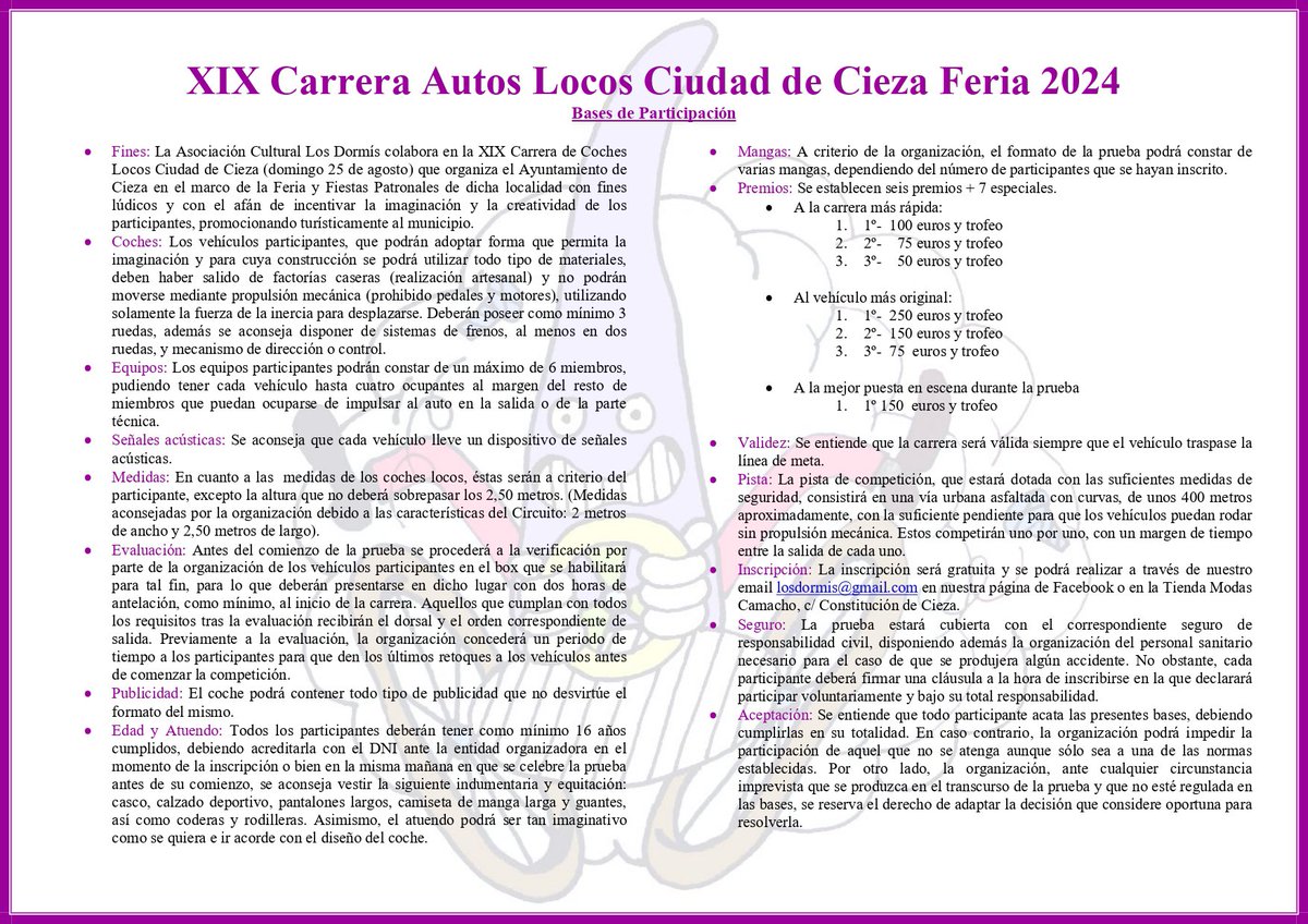 🏁 BASES AUTOS LOCOS 🏁

Os adjuntamos las bases de la XIX carrera de Autos Locos Ciudad de Cieza. 

¿Preparado para disputar la carrera más loca del año? 🤪🏎

#aciezaporsusemanasanta #pasiónencieza #pasiondormi #autoslocos #AutosLocos2024 #losdormis2024