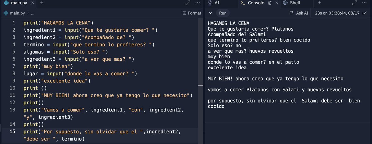Josueceballo's tweet image. With the powers of concatenation I made a whacky recipe maker 🥓🍝🥑 ! Day 3 of #Replit100DaysOfCode #100DaysOfCode. Join me on @Replit join.replit.com/python