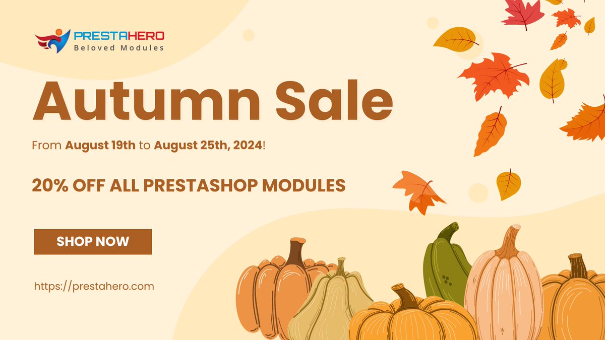prestahero's tweet image. 🍂 Autumn is here, and so are the deals! 🎉 Get ready to FALL in love with your PrestaShop store all over again - 20% off all PrestaHero modules from Aug 19 -25!

🛒Shop now: t2m.io/p46SLHKB
🍁 Hurry, before these leaves &amp;amp; deals blow away!

#autumnsale #prestashopmodules