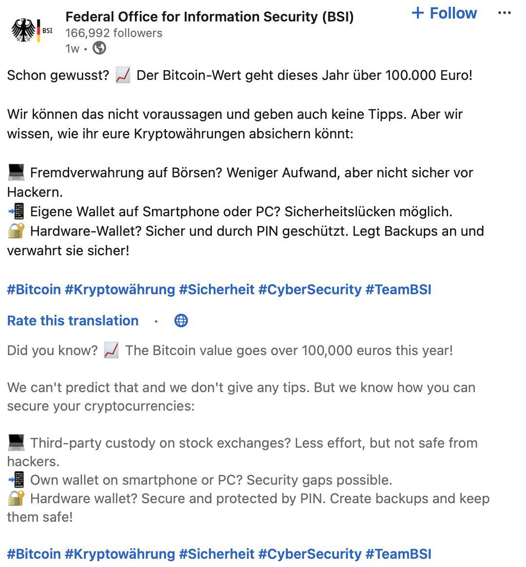 Crypto__Goku's tweet photo. 🇩🇪 Quelques semaines après que le gouvernement allemand ait vendu 50 000 #Bitcoin, son Office fédéral de la sécurité de l'information a publié un message sur LinkedIn, conseillant aux citoyens de stocker leurs BTC dans un hardware wallet ... https://t.co/b2CsimvwNl