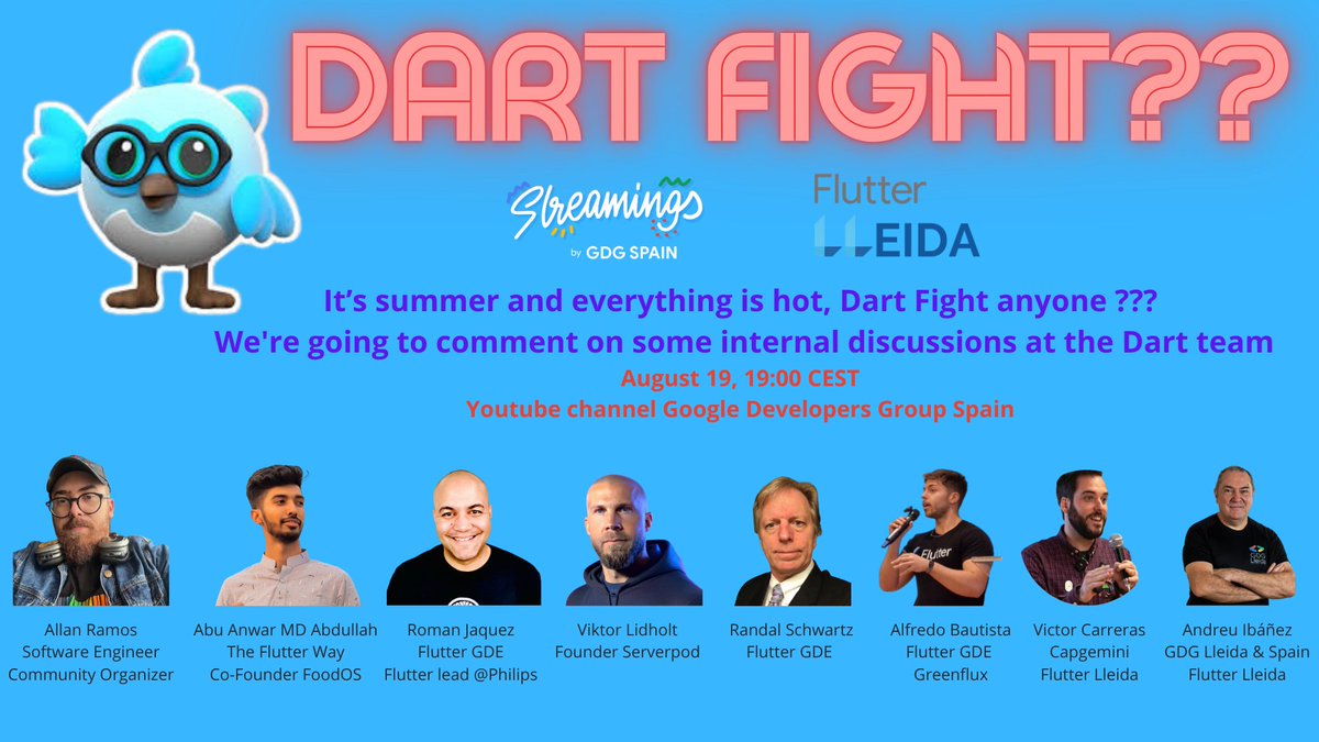 We will have a #Dart #Flutter live streaming next Monday 19, at 19:00 CEST, where a crowd of 8 <a href="/GoogleDevExpert/">@GoogleDevExpert</a> and other leads will comment on some internal discussions at the Dart team. Please RSVP at gdg.community.dev/events/details… for Youtube url