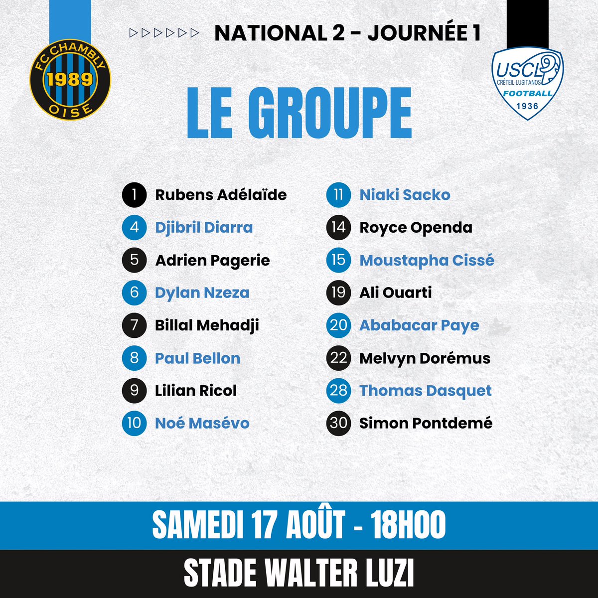 FCCOISE's tweet photo. Découvrez le groupe retenu par Stéphane Masala pour le J1 contre Créteil à 18h00 ! #FCCOUSCL #NeRienLâcher 🖤💙 https://t.co/8r5MHyKdjJ