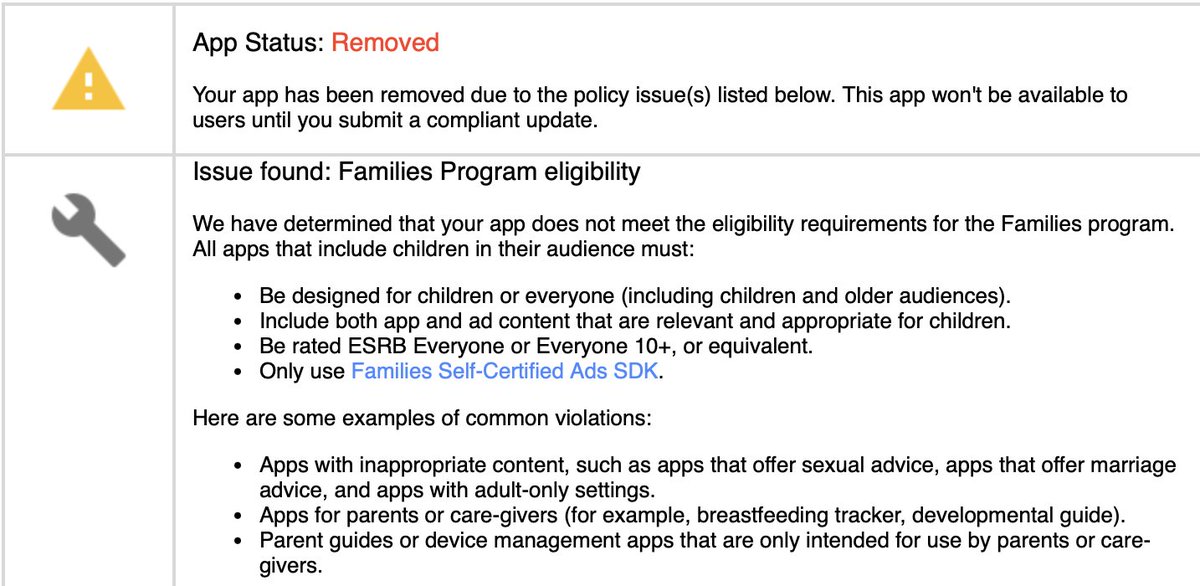OrganicMapsApp's tweet photo. Last night Organic Maps was removed from the Play Store without any warnings or additional details due to "not meeting the requirements for the Family Program". Compared to Google Maps and other maps apps rated for 3+ age, there are no ads or in-app purchases in Organic Maps. We have asked for an appeal. 

As a temporary workaround for the Google Play issue, you can install the new upcoming Google Play update from this link: https://t.co/3X4YpfL9uu